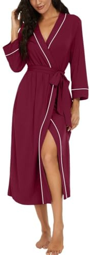 PrinStory Badrockar för kvinnor, lätt kimono, kläder, 3/4 ärmar, damer, morgonrockar, långa nattkläder, ledig, loungewear, basturock, Vinröd, L