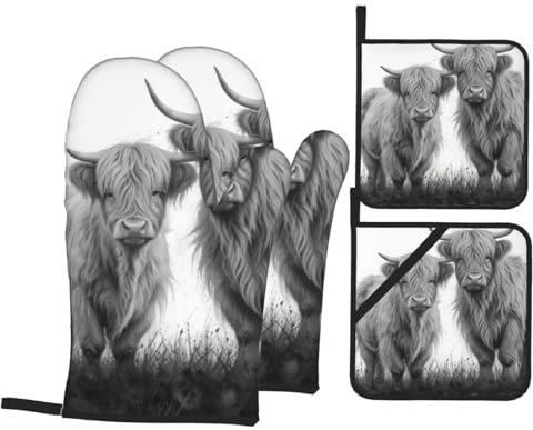 4 Pcs Highland Cattle Oven Mitts and Potholders,Kitchen Oven Glove with Pot Holders,Non-Slip Gloves High Heat Resistant 500 Degree for BBQ, Grill, Baking, Cooking, Oven, Microwave