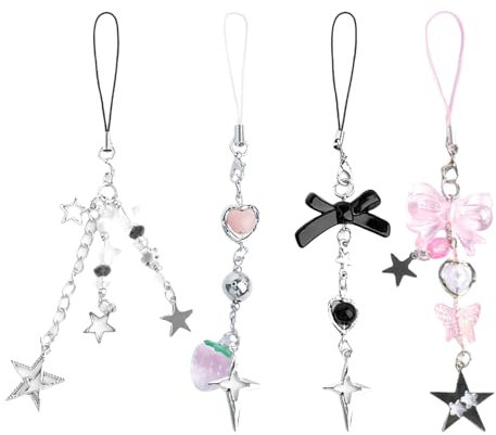 GlamRays Pack of 4 Cute Phone Pendants Aesthetic Y2K Mobile Phone Pendant Band Pink Strawberry Butterfly Star Mobile Phone Pendant Y2K Accessories for Mobile Phone Bag Key Ring, multicoloured, L