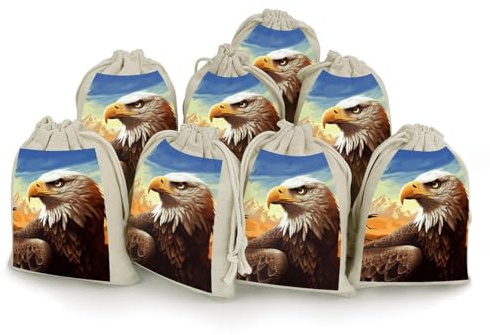 Geschenktüten mit Adler-Kordelzug, 8 Stück, Musselin-Beutel, Geschenkbeutel, Stoff-Geschenkbeutel, Jute-Geschenkbeutel, kleine Kordelzugbeutel für Weihnachten, Hochzeit, Party