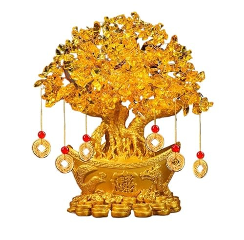 Kristallbaum Geldbaum aus Citrinkristall, Glückskristallbaum mit goldenem Barrenboden, chinesischer Dragoner-Glückskristallbaum, Feng-Shui-Dekor, Kupfermünzschnur-Dekoration for Reichtum/Vermögen und