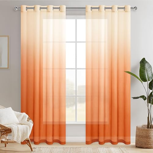 Hiasan Gardinen mit Ösen Vorhänge Farbverlauf Halbtransparent Wohnzimmer | Orange 140x245cm 2er Set, Ösenvorhang Gardine Vorhang aus Voile sanftes Licht moderne Dekoschal für Schlafzimmer Kinderzimmer