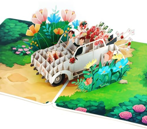 Vicloon Tarjeta de Boda 3D Coche de Boda,Pareja de Novios en El Coche de la Boda,Elegante Tarjeta de Felicitación para Boda y Matrimonio,Tarjeta de Boda Pop-Up con Sobre para Novios,Aniversarios
