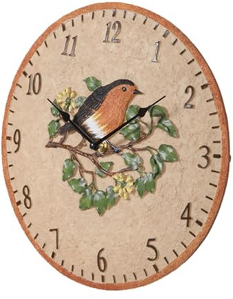 Thewasc Grande orologio decorativo da parete in resina con motivo uccellino, a batteria, orologio da giardino per interni ed esterni, stile vintage