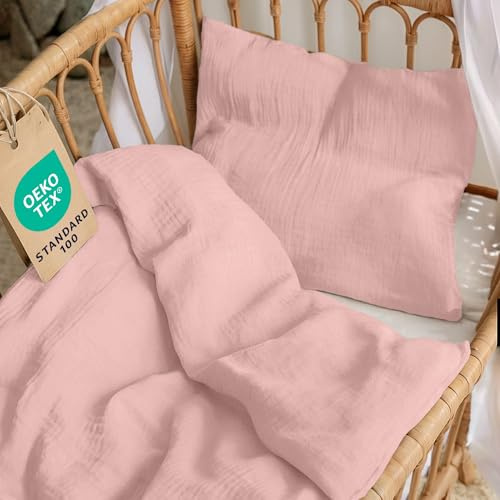 Dreamzie - Baby & Kinderbettwäsche Set 80x80 cm + Kissenbezug 35x40 cm | Musselin Bettwäsche aus 100% Baumwolle · Oeko-TEX Zertifiziert · atmungsaktiv & hautfreundlich · Rosa