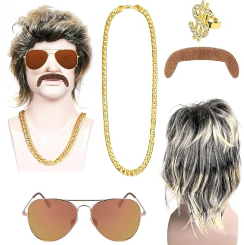 Perruque Mulet Homme des Années 80, Perruque de Hip Hop, Perruque Rock Cheveux, 70s 80s Costume de Perruque, Punk Rock Perruque Longue, Coupe Mulet Homme Perruques de Cosplay, pour Fête à thème