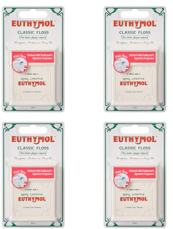 Euthymol rosa tandtråd 50 m x 4, vegansk vaxbeläggning, mintsmak, bred tandtråd för tandställning, broar och implantat, blekning och fläckförebyggande, effektiv plackborttagare, lätt att använda