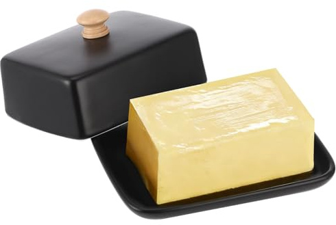 Calolin Ceramic Butter Dish with Lid, Vintage European Rectangular Butter Storage Holder, Deepened Design, Ideal for Countertop Storage in Kitchen and Dining Room (Black)