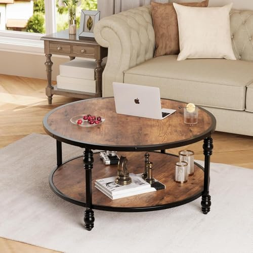 OPULENTHOME Großer runder Couchtisch aus Massivholz, Vintage Retro Wohnzimmertisch mit 2 Ebenen, Beistelltisch mit 4 Säulenbeinen für Wohnzimmer, Büro, 72 x 72 x 48 cm