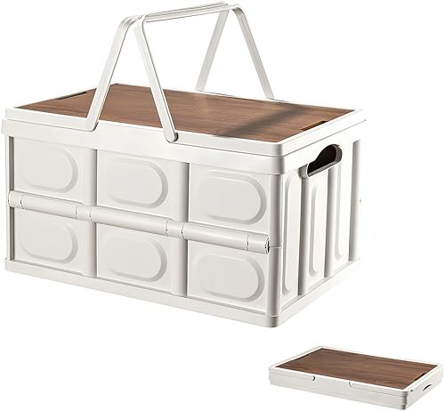 Outdoor Collapsible Storage Box, with Handles and Wooden Lid, Portable Large Capacity Stackable Crates, Outdoor Storage Bin with Table Function, Ideal for Car Trunk, RV Trip, Picnic (White, Small)