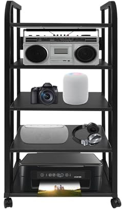 czyuRachel Supporto multimediale a 5 piani con ruote, rack HiFi aperto, giradischi, scaffale per dischi in vinile, supporto audio per lettori DVD, scatole via cavo/console di gioco