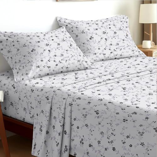 EverSoft Bedding Double 4-Piece Bedding Set Luxury Soft Touch Floral Print Flower Design Sheets 35cm Extra Deep Fit Includes Flat Sheet & 2 Pillowcases Breathable Comfort Moonlight Garden