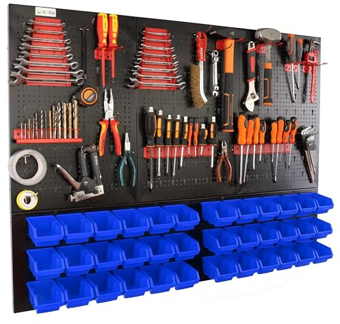 botle Panneau à outils mural perforé en métal, boîtes empilables + étagère murale + porte-outils, lot de 63 pièces, pour petites pièces, atelier mural avec 36 récipients empilables bleus, étagère