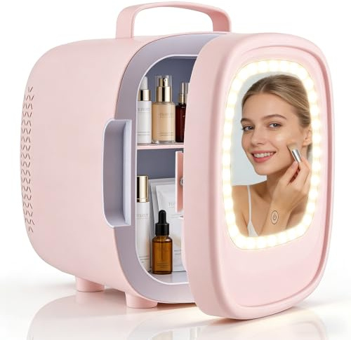 ExKeen Mini frigorifero, 6 litri, mini frigorifero con specchio a LED, per cosmetici, bevande, piccolo frigorifero per la cura della pelle in camera da letto e bagno (rosa)