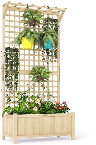 Outsunny Letto per Orto Rialzato da Esterno con Traliccio e Barra Superiore, Fioriera da Esterno con Fori di Drenaggio in Legno di Abete, per Fiori e Verdure, per Giardino e Balcone, Colore Legno