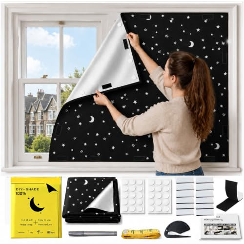 EXGOING Star Moon Blackout Blind Stick On No Drill Window Cover 145x200cm | 420D Oxford Fabric • Star Moon Design • Cut To Fit • Hook & Loop Fixing • Travel Ready • Nursery Use