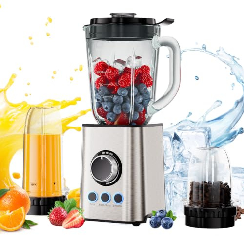 Licuadora Multifunción 1200W, 1.5L, 3 en 1 para el Hogar | Jarra de vidrio 3 en 1 de 1200 W, 1,5 L, cuenta con modos preestablecidos de pulso, picado de hielo y batido.
