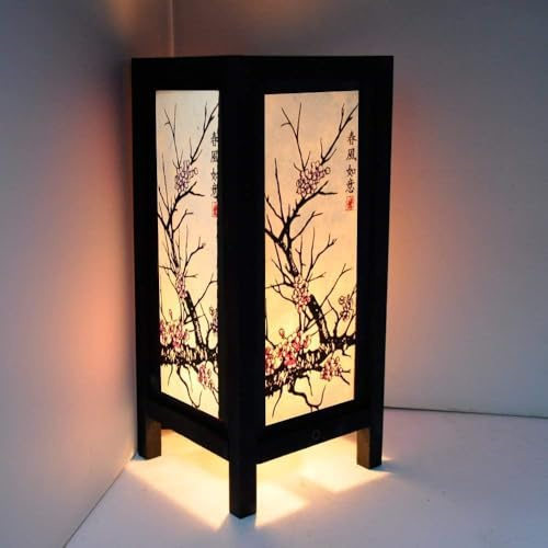 RED BERRY THAILAND LANNA LAMP-Cherry Blossom Japanese Oriental Lamp, Handmade 11 Wood Table Lamp, Asian Vintage Lighting for Home Décor GW45