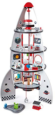 Hape Vierstufenrakete Spielset für Kleinkinder | Preisgekröntes Spielzeug-Raumschiff aus Holz mit wirklichkeitsnahem Design, 20-teiliges Raketen- und Raumfahrtzentrum, inklusive Raumfahrzeug
