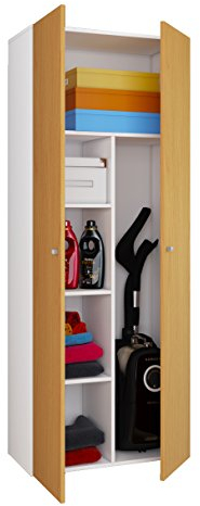 VCM Besenschrank | 6 Fächer | Maße: B. 70 x H. 178 x T. 40 cm | Haushaltsschrank | Mehrzweckschrank | Vandol Weiß/Buche
