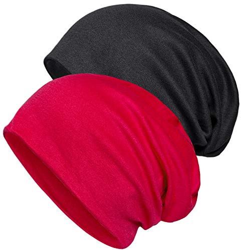 Senker Baggy Soft Cotton Slouchy Stretch Beanie Mütze, Chemo Mützen für Damen und Herren, Schwarz/Rot, 2 Stück, schwarz/red, Einheitsgröße