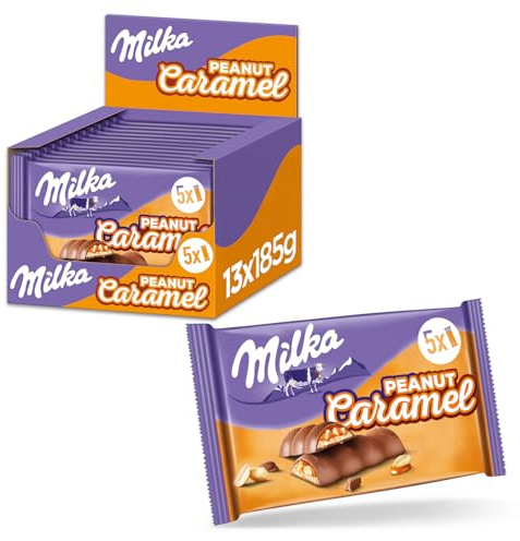Milka Peanut Caramel Riegel, 185 g (13er-Pack) | Schokolade mit Erdnuss-Karamell-Crème, knackigen Erdnüssen und Reis-Crispies
