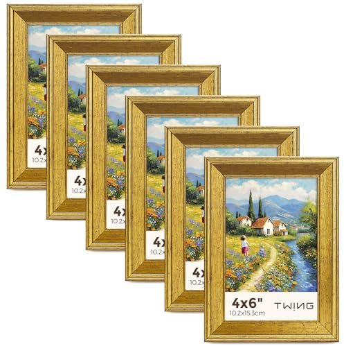 TWING 4x6 Gold Picture Frames Set of 6,Rustic Gold Frames Display Pictures 3x5 with Mat or 4x6 Without Mat,Tabletop Display and Wall Mounting Collage Photo Frame,Set for Wall Gallery