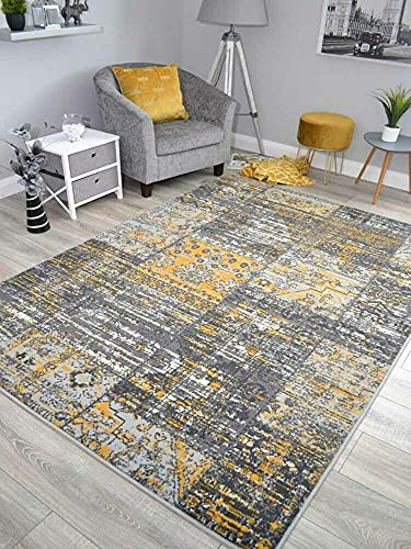 Modern Style Ochre Gold Mustard Grey Living Room Trend Rugs (Gold Patchwork, 200cm x 290cm)