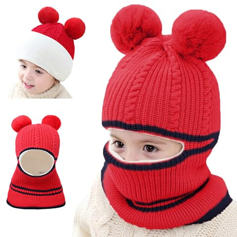 crazy bean varm vintermössa för barn hattmask halsduk 3-i-1 varm stickad mössa söta barnmössor mot förfrysningar, röd, one size