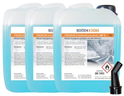 Richter Chemie Scheibenfrostschutz Fertigmix -30°C Citrus-Duft 3 x 5 Liter | Gebrauchsfertig gemischt, inklusive Ausgießer; frostsicher bis -30°C; schont Gummi, Lack und Kunststoff, mit Citrus-Duft