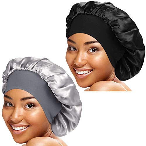 2 Stück Satin Bonnet,Elegante Schlafmütze Nachtmütze für Damen und Mädchen,atmungsaktive Schlaf Mütze,Kopfbedeckung mit breitem Gummiband,Weiche Schlaf Kopf Abdeckung （Schwarz, Grau）