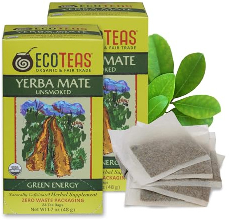 ECOTEAS Organic Unsmoked Yerba Mate Tea Bags, 24 Count, 20mg Caffeine, Smooth Clean Energy, USDA Organic, Non-GMO, Kosher, Argentina (2 Pack, 48 Bags)