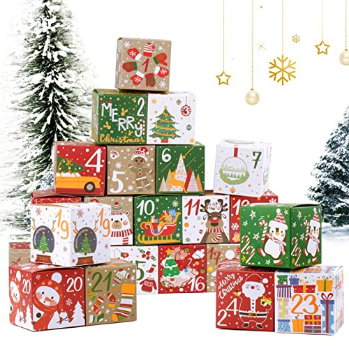 BETESSIN Adventskalender zum Befüllen Boxen 24 Stück 7x7x7cm Geschenkschachtel Weihnachtskalender zum selber Basteln Papierschachtel Geschenkboxen für Weihnachten Geschenk Kinder uvm.