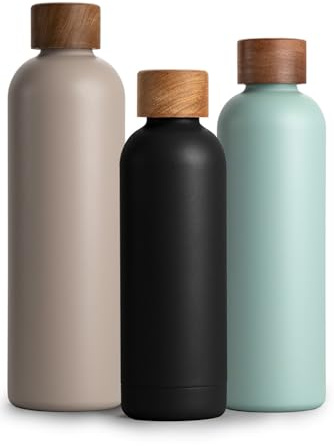 T&N rostfri dricksflaska i stål 1L, 750ml, 500ml, termosflaska med akaciaträlock, flaska 1 liter, isolerad vattenflaska läckagesäker kolsyra lämplig, isoleringsflaska 1000ml
