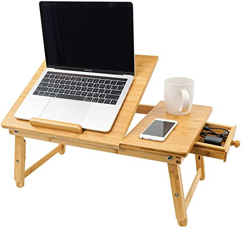 Utoplike Bureau d'ordinateur portable en bambou pour lit, plateau de service inclinable, table de petit déjeuner, hauteur réglable, pieds pliables, tiroir de rangement, support pour les genoux pour