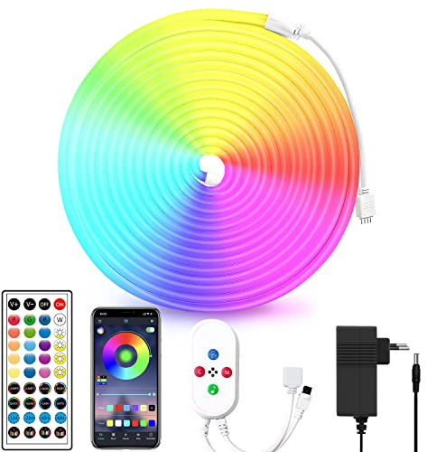 segrass Neon Led strip 5m, mit Fernbedienung, APP Steuerung, IP65 wasserdichte flexible Neon Rgb Streifen, 24V LED band Seil Lampe, anwendbar auf Schlafzimmer, Raum und Außendekoration