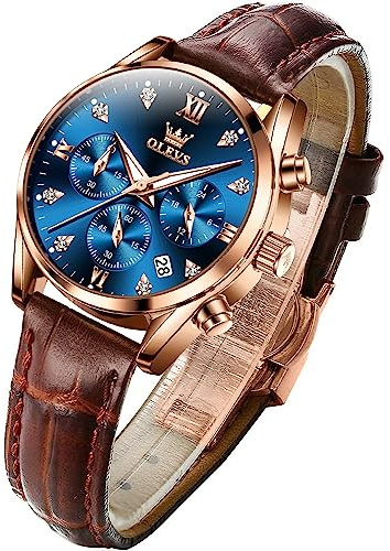 OLEVS Women's Watches Brown Leather Strap Analog Quartz Rose Gold Female Watches Multifunction Chronograph Diamond Waterproof Luminous Ladies, Rose Gold＆Blue, Dress Watch