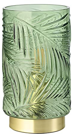 Happy Homewares Modern Palm Tree Emerald Forest Green Glass Floral Table Lamp with Brushed Satin Brass Base | 1 x E14 60w Maximum | 22cm x 12cm | Clear Inline Switch