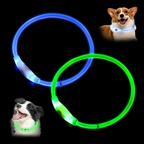 2 Stück LED-Hundehalsbänder, 69.8 cm, zuschneidbar, USB, wiederaufladbar, leuchtendes Haustierhalsband für Nacht und Sicherheit, mittelgroße und große Katzen und Hunde (grün, blau)