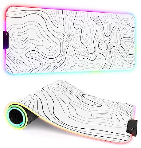 ITNRSIIET RGB Gaming Mouse Pad, Full Desk XL Extended Large Gaming Mousepad, 12 Lighting Modes 30% Thicker Big LED Desk Mat for Gamers,Topographic Contour White