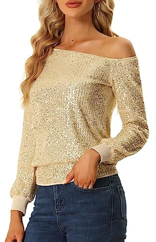 Allegra K Damen Schulterfrei Pailletten Oberteile Langarm Disco Party Glitzer Top Bluse Gold S