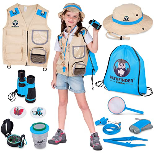 Kit Esploratore Bambini - Cappello Esploratore & Gilet, Binocolo, Bussola Bambini, Butterfly Kit, Insetti - Giochi Bambina & Gioco Bambino 4 5 6 7 Anni Maschio Regalo (Blu, 7+)
