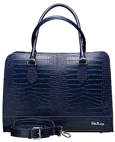 Su.B Laptoptasche 15,6 Zoll für Damen, Umhängetasche aus Kroko-Print Leder mit Schulterriemen und Kofferband, Hergestellt in Italien - Blau