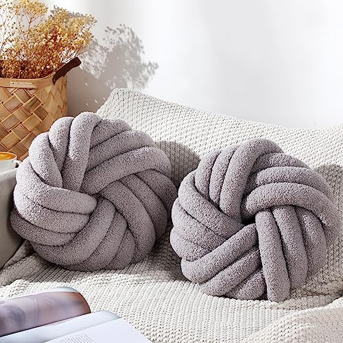 Marsui 2 Pieces Knot Ball Pillows 14 x 14 Inch Decorative Pillow for Couch Bedroom Plush Throw Knot Pillow Soft Handmade Chair Cushion for Living Room Car Decorations (Light Gray)