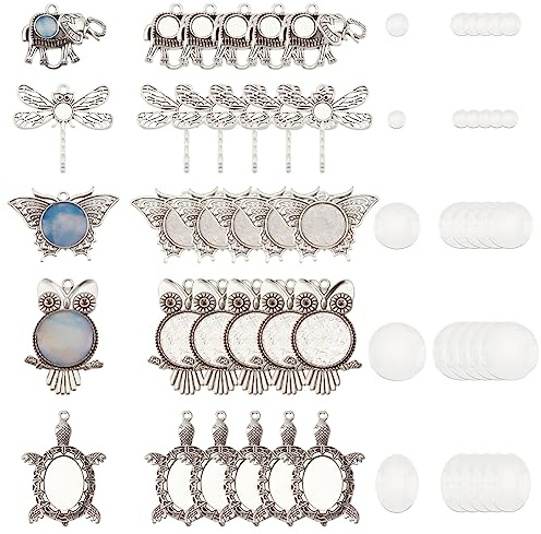 PH PandaHall 30 Stück 5 Stile Tier Foto Charms, Leere Lünette Eulen Anhänger Tabletts Elefant Schmetterling Libelle Anhänger Tabletts Cabochon Lünette Fassungen für DIY Hochzeits Graduierung Charme