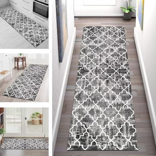 Teppich Läufer Flur Küche rutschfest waschbar Küchenläufer Korridor Tepiche Lang 50X300CM Grau Weiß Marokko Teppichläufer Meterware Kücheteppich Schlafzimmer Wohnzimmer Flurmatte Breit 40-120cm