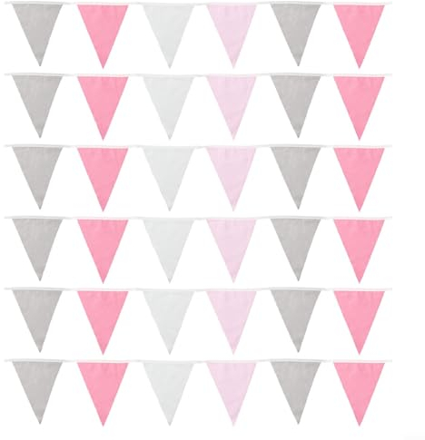 Wimpelkette aus Stoff, 10 m, mehrfarbig, für Hochzeit, Geburtstag, Babyparty, Hochzeit, Party, Gartendekoration (Rosa, Grau, Weiß)
