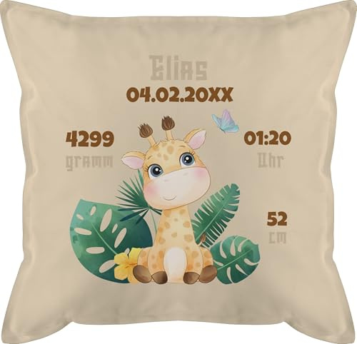 Kissen 50x50 - Geburtsgeschenk Giraffe personalisiert Datum Gewicht Uhrzeit Größe I Geschenk zur Geburt - 50 x 50 cm - Beige Natur - personalisierte Geschenke Baby geburtskissen neugeboren Birth