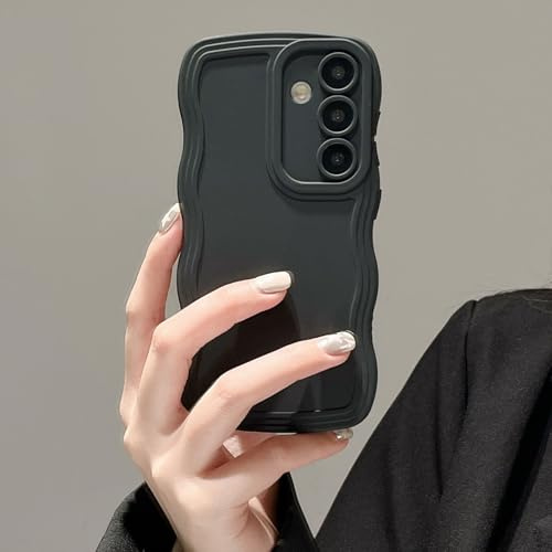UEEBAI Wave Frame Case for Samsung Galaxy S24 5G, Cute Wave Frame Slim Fit Shockproof Phone Bumper Cover Soft Pretty Curly Wavy Case Anti-Scratch TPU Case - Black