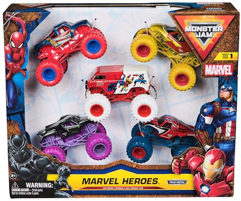 Monster Jam - 5 Véhicules Die-Cast 1:64 Marvel - 5 Véhicules Authentiques Monster Trucks Officiels À Collectionner Echelle 1:64 - Jouet Enfant 3 Ans et +
